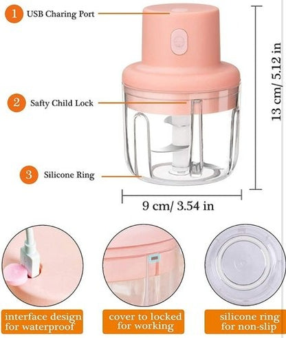 Mini Food Chopper Portable USB Rechargeable Vegetable Garlic Grinder (250ml)