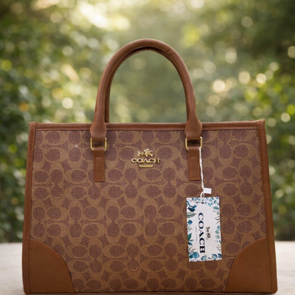 Coach Signature Print Tote Bag for Women with Double Top Handles and Spacious Everyday Carry Design - Beige