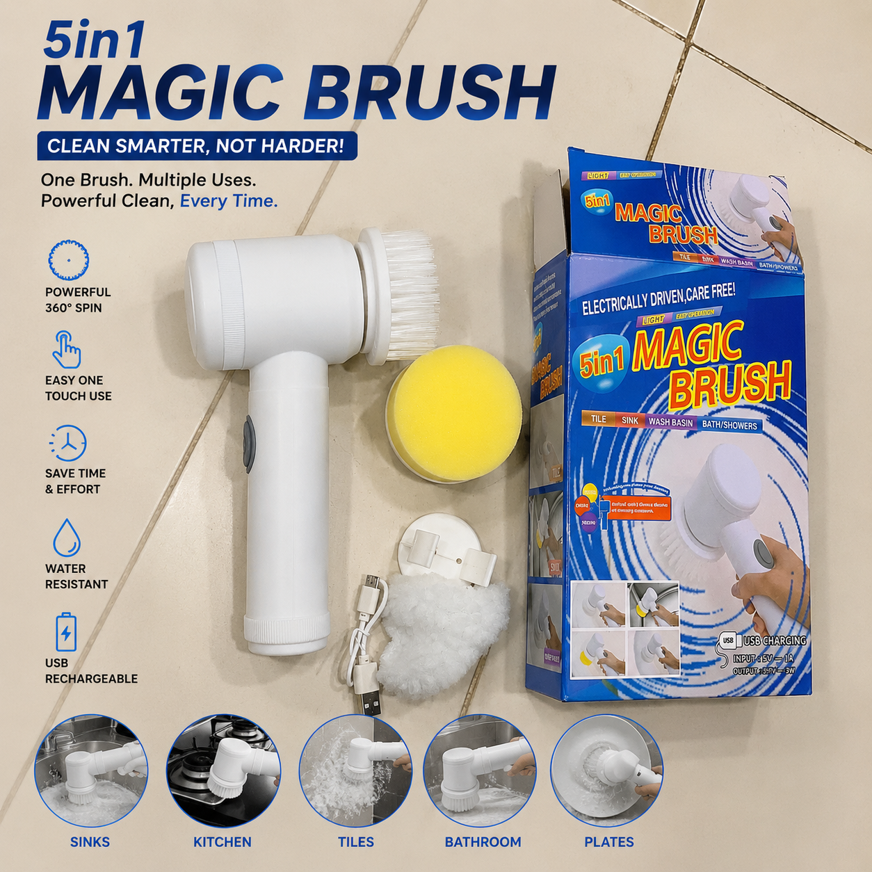 5 in 1 Rechargeable Magic Brush – Handheld Car Cleaning & Waxing Machine with Multiple Brush Heads